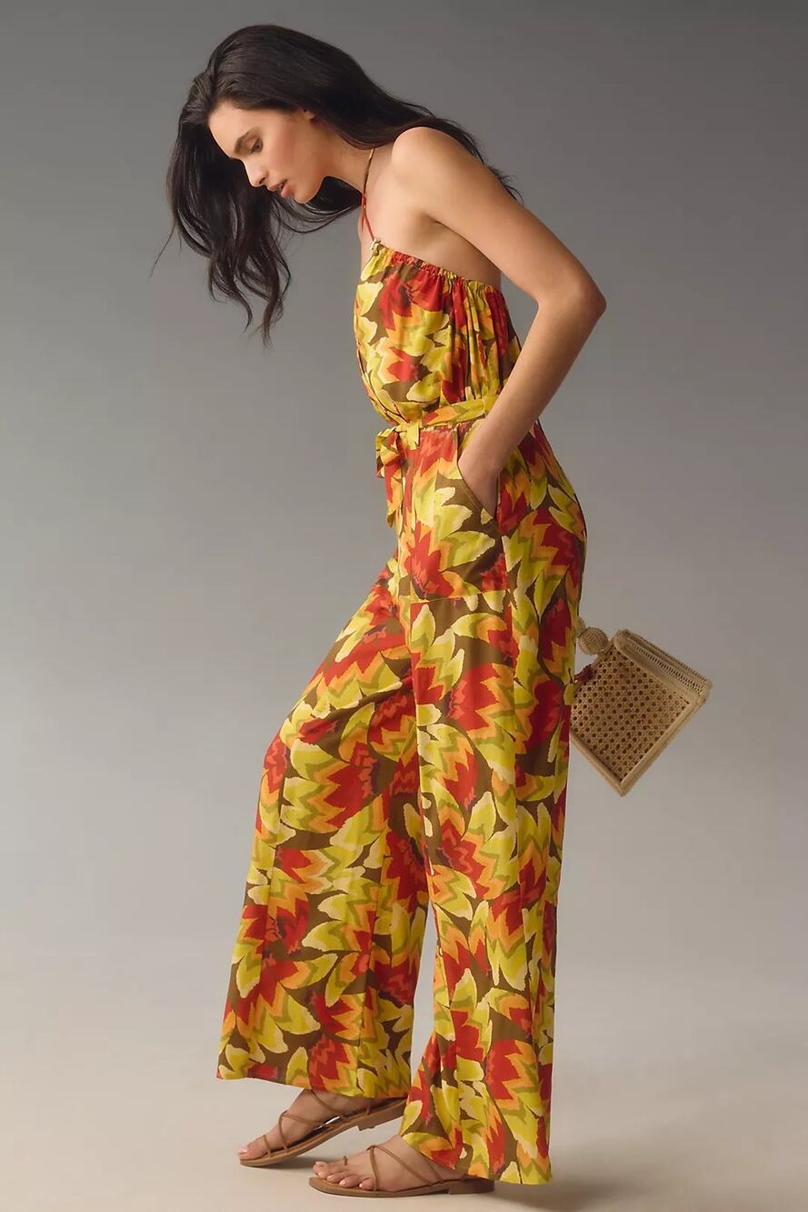 New Farm Rio x Anthropologie Fruit Print Jumpsuit $188 SMALL Yellow Bead Tassels
